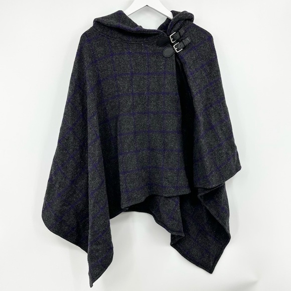 Ralph Lauren Wool Blend Windowpane Cape Poncho Gray Purple One Size - Picture 1 of 6